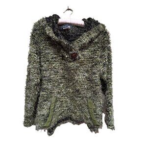 Krakerz Womens Faux Fur Furry Hooded Sweater Large Black/Green Textured Knit